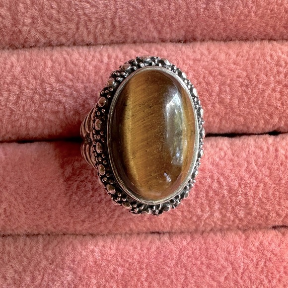 Vintage Tigers Eye Sterling Silver 925 Statement Ring Rope Details Boho Bohemian - Picture 11 of 17